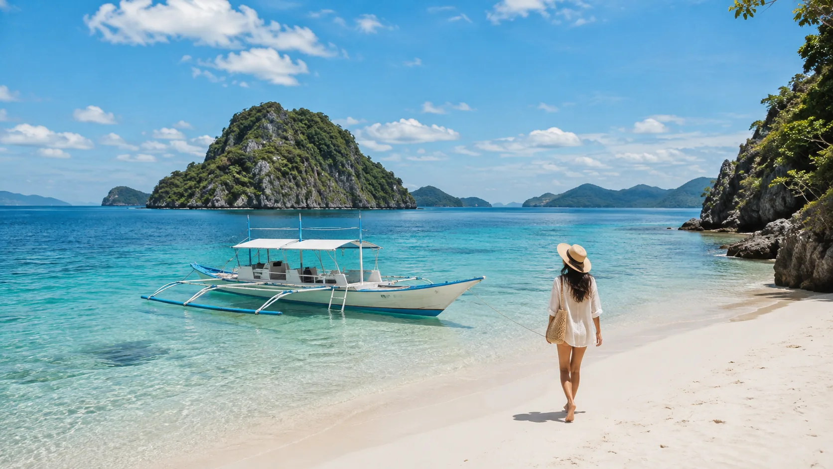Traveler walking along a bright tropical beach