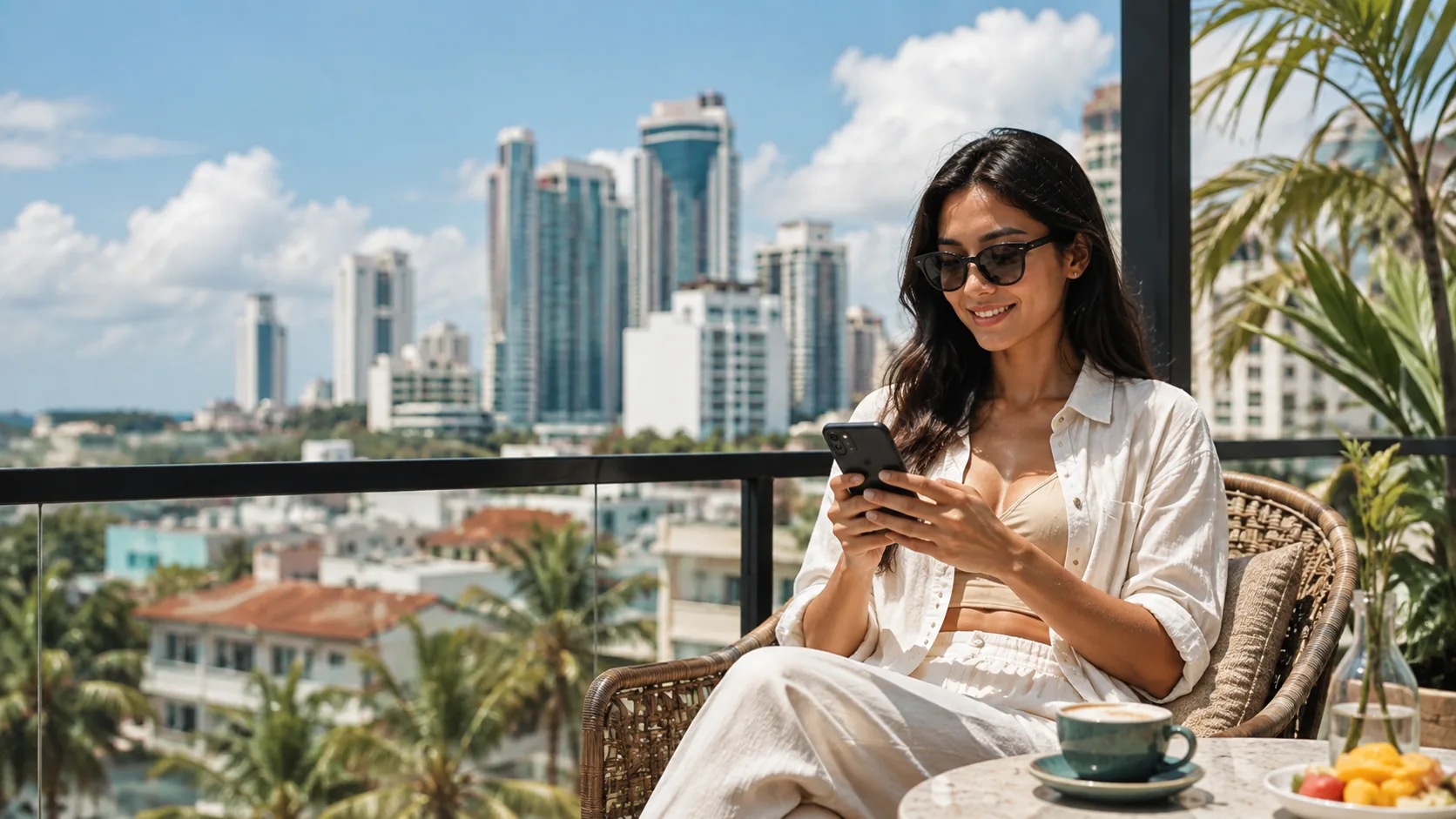 Traveler using her phone during a bright city stay